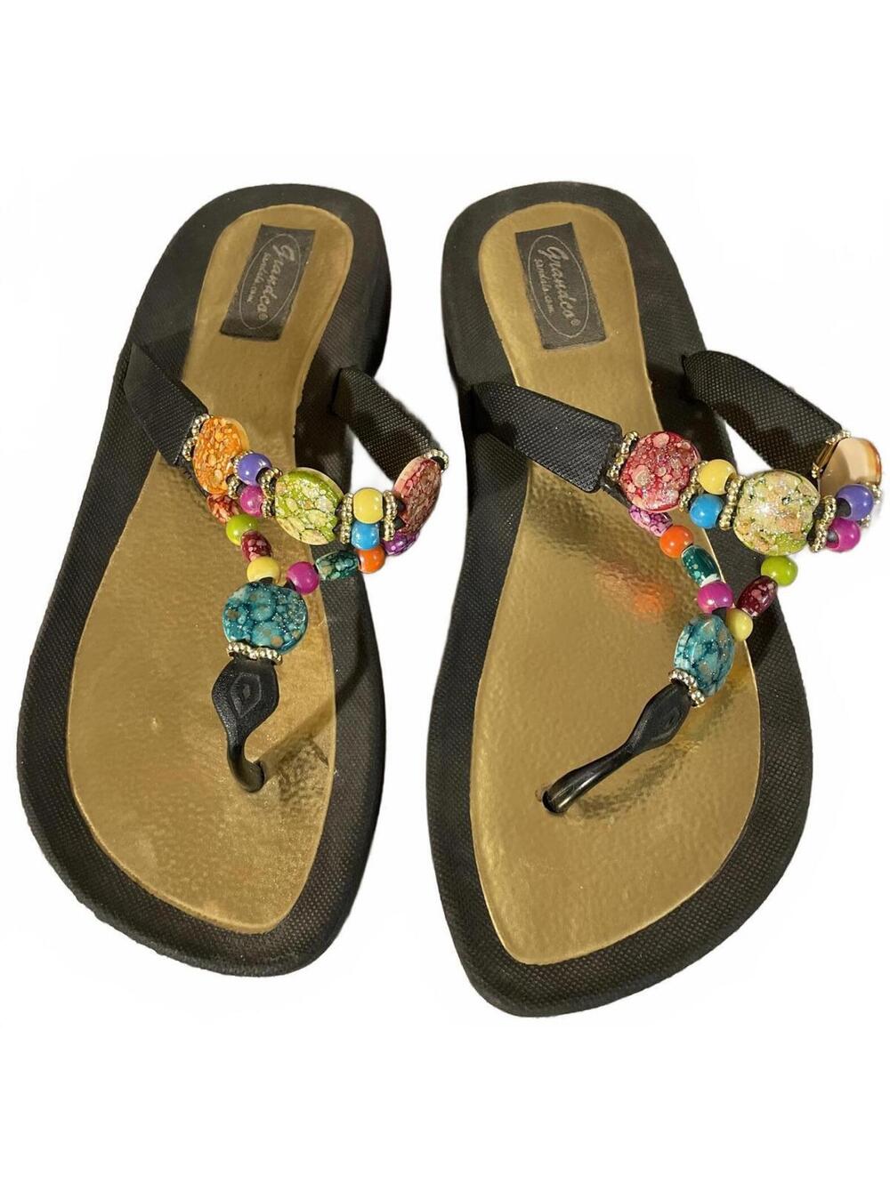 Grandco Sandals Women’s 9 Black Gold Beaded Flip Flops Beach